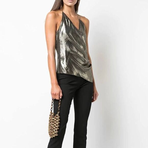 CUSHNIE Blouse Metallic Cowl Neck Open Back Halter Top Silk Lurex in Gold Size 2 - Picture 10 of 10